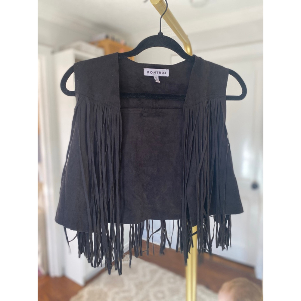 Black Western Fringe Festival Vest Boho Cowgirl Chic Coachella Indie Americana - Picture 2 of 7